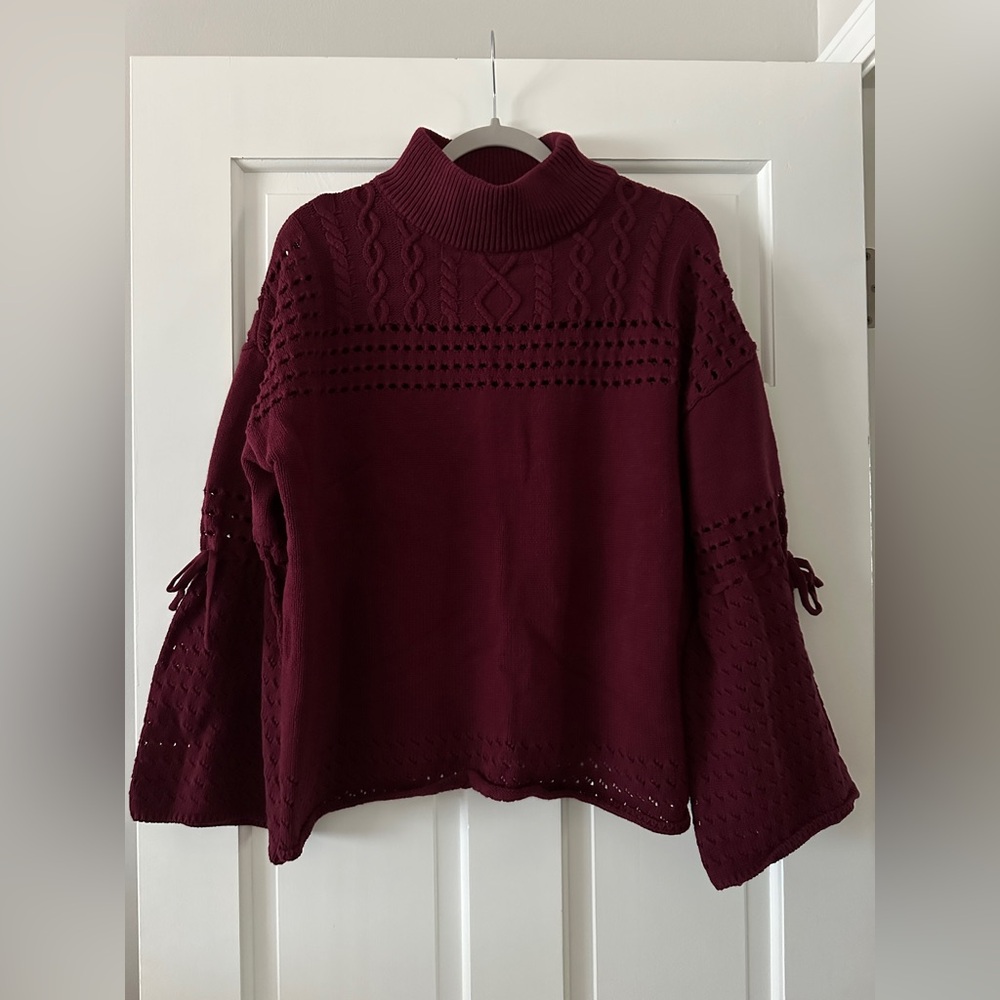 Coco + Carmel Pointelle Cable Knit Bell Sleeve Mock Neck Sweater